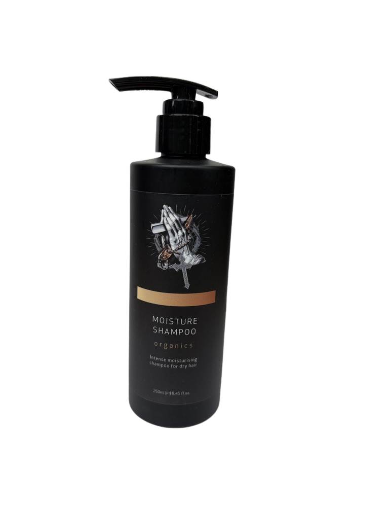 Black organic shampoo bottle with pump on a white background